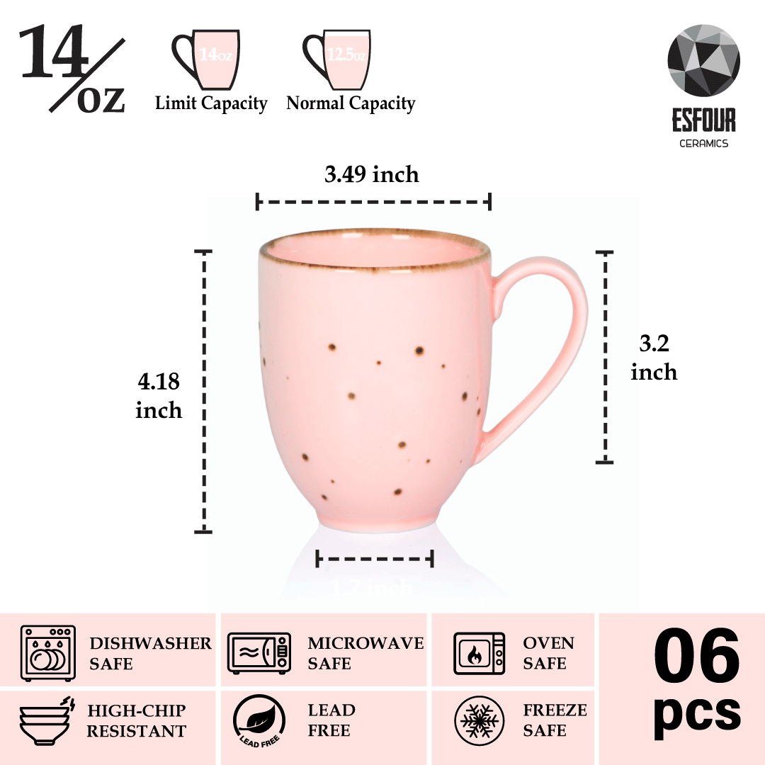 Esfour Ceramics Coffee Mugs Set Of 6, 14 Oz Large Handle Heavy Duty Cups - Microwave Dishwasher Safe - Latte, Cappuccino, Tea, Cocoa, Mocha - Men, Women, Home Office Daily Use, Blossom Assorted Colors