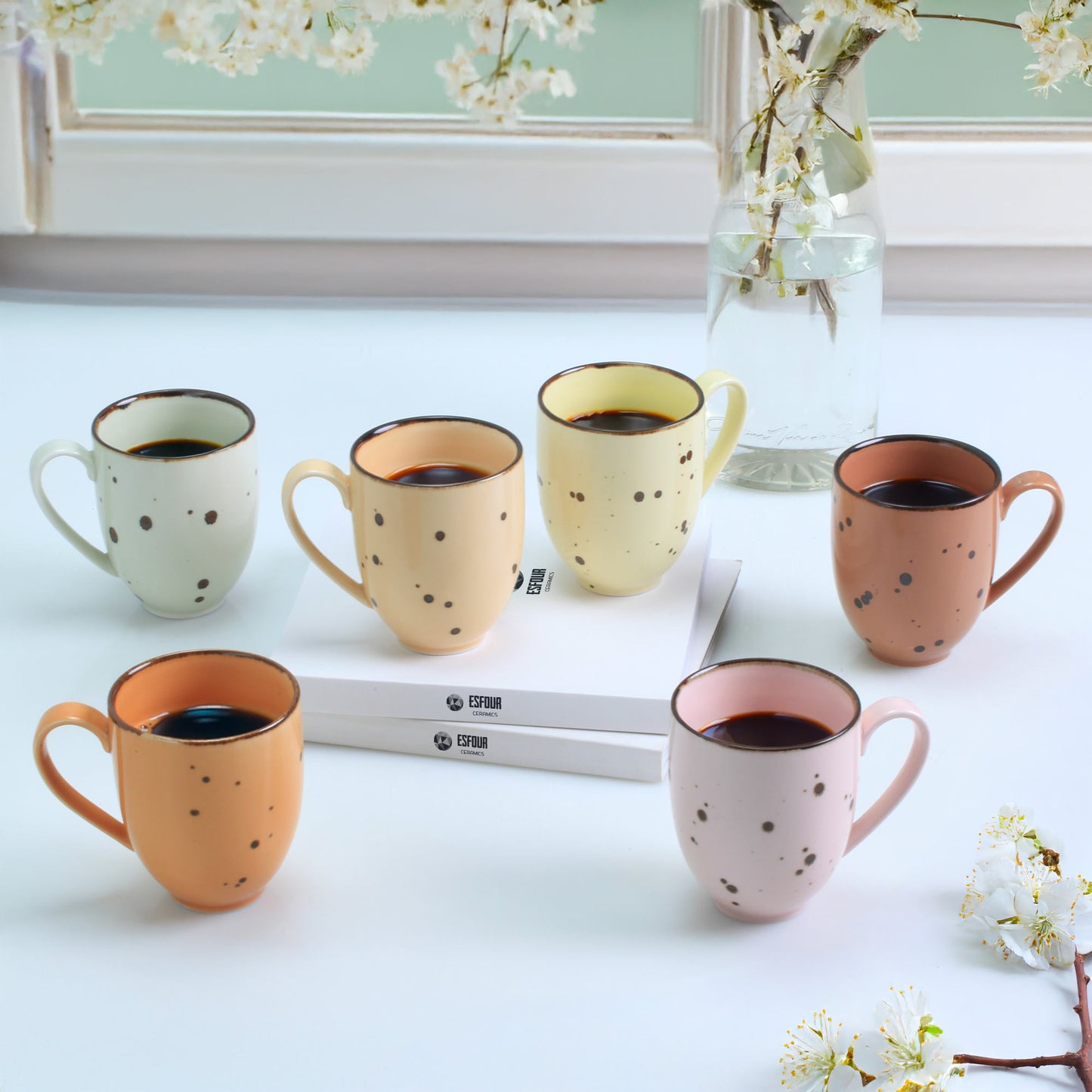 Esfour Ceramics Coffee Mugs Set Of 6, 14 Oz Large Handle Heavy Duty Cups - Microwave Dishwasher Safe - Latte, Cappuccino, Tea, Cocoa, Mocha - Men, Women, Home Office Daily Use, Blossom Assorted Colors