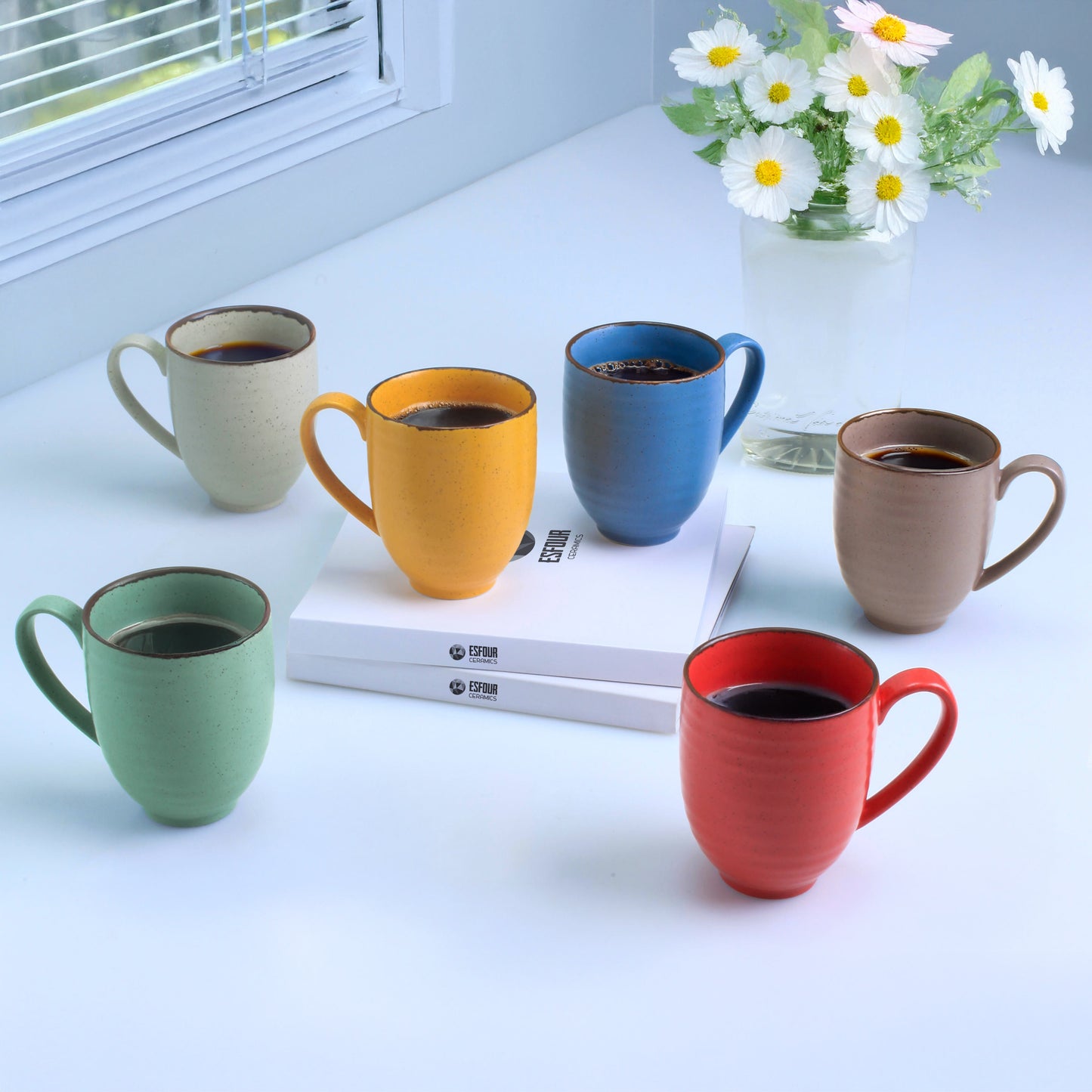 Esfour Ceramics Coffee Mugs Set Of 6, 14 Oz Large Handle Heavy Duty Cups - Microwave Dishwasher Safe - Latte, Cappuccino, Tea, Cocoa, Mocha - Men, Women, Home Office Daily Use, Matt Assorted Colors