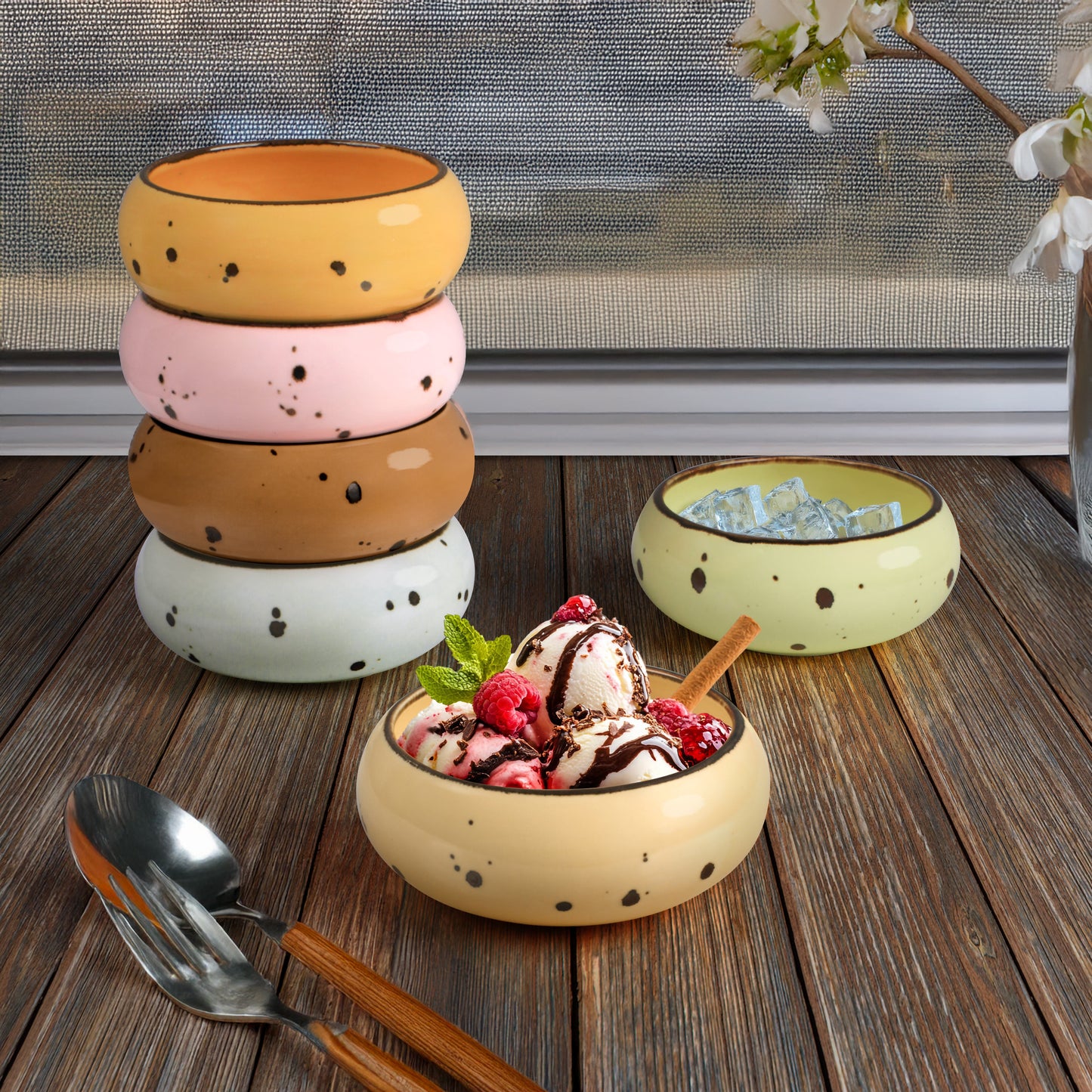 Esfour Ceramics Small Hand Craft Dessert Bowls - 12oz, Set of 6 - Microwave, Oven, Dishwasher Safe, Ice Cream, Soup, Snacks, Rice, Cereal, Chili, Side Dishes Dips, Ideal Gift - Blossom Assorted Colors