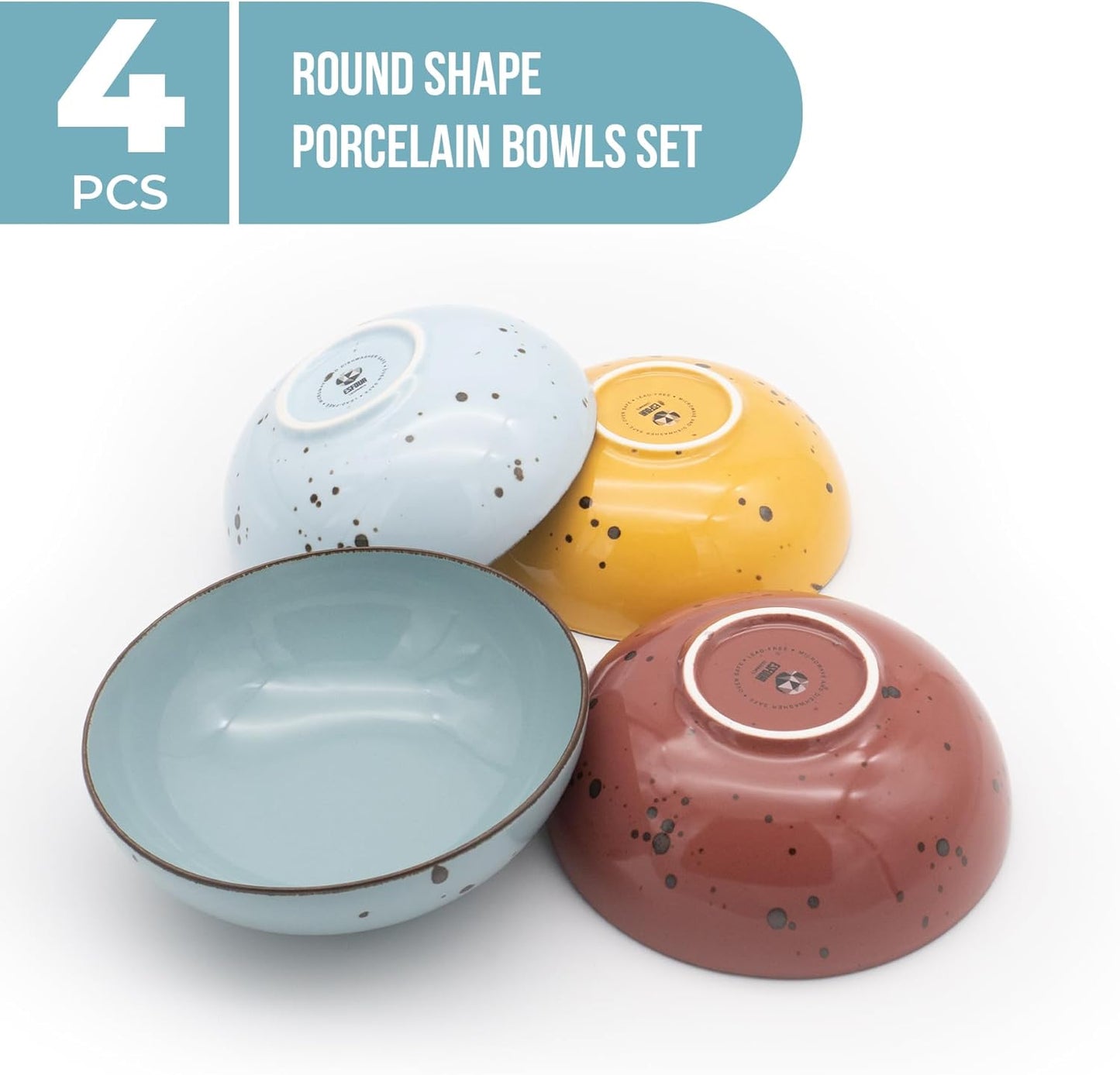 Round Porcelain Bowls (18 oz), Set of 4 – Vivid Assorted Colors - Esfour Ceramics