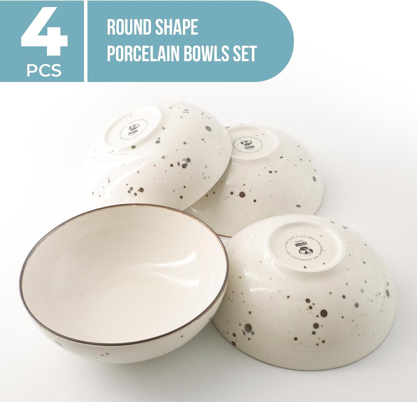 Round Porcelain Bowls (18 oz), Set of 4 – Classic Timeless Color - Esfour Ceramics