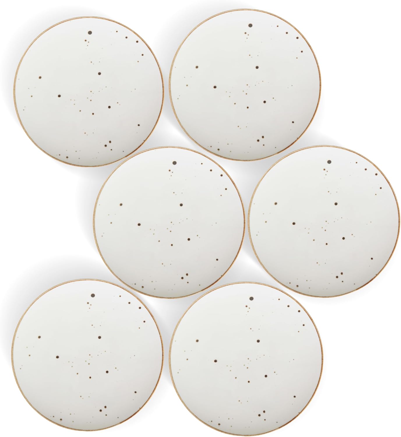 Six classic ceramic dinner plates, 11 inches in diameter, stacked neatly