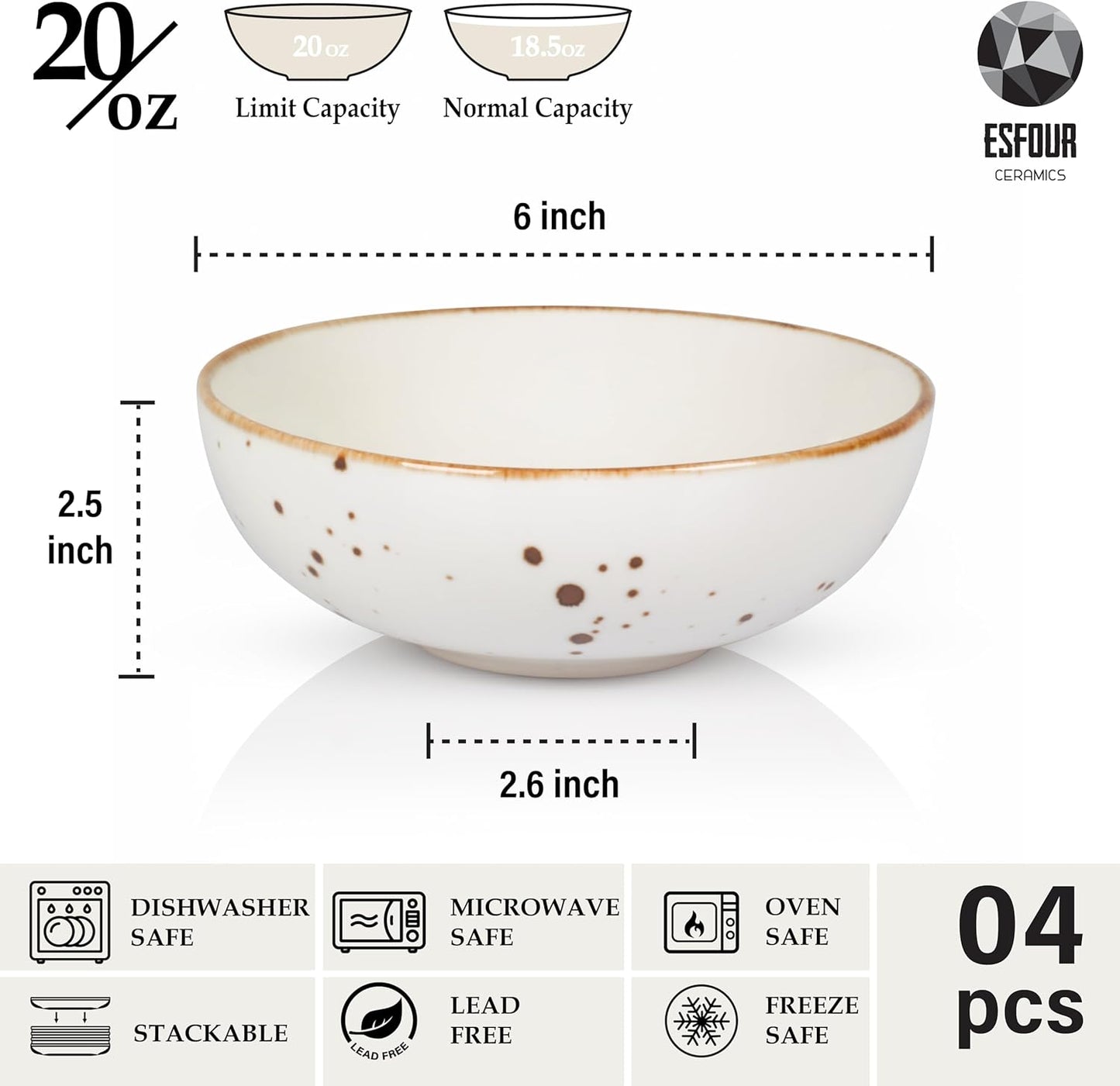 Round Porcelain Bowls (18 oz), Set of 4 – Classic Timeless Color - Esfour Ceramics