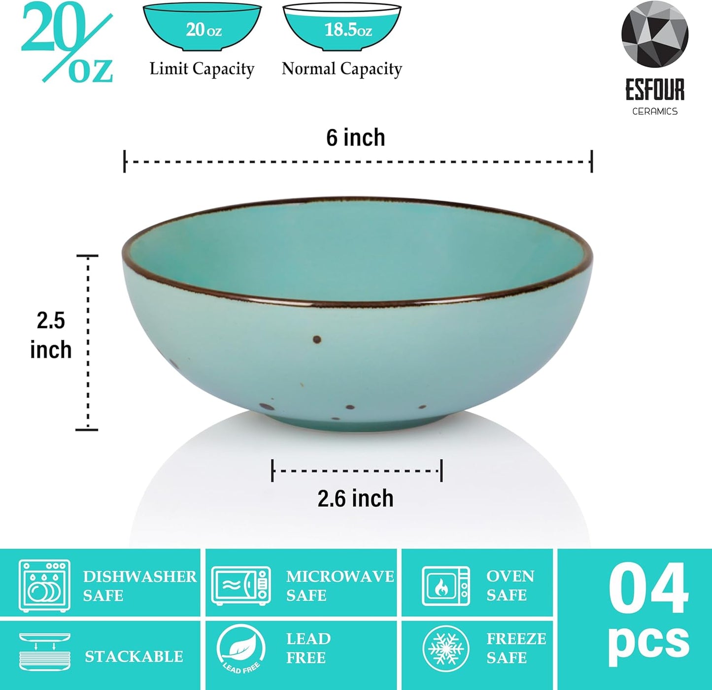 Round Porcelain Bowls (18 oz), Set of 4 – Natural Assorted Colors - Esfour Ceramics