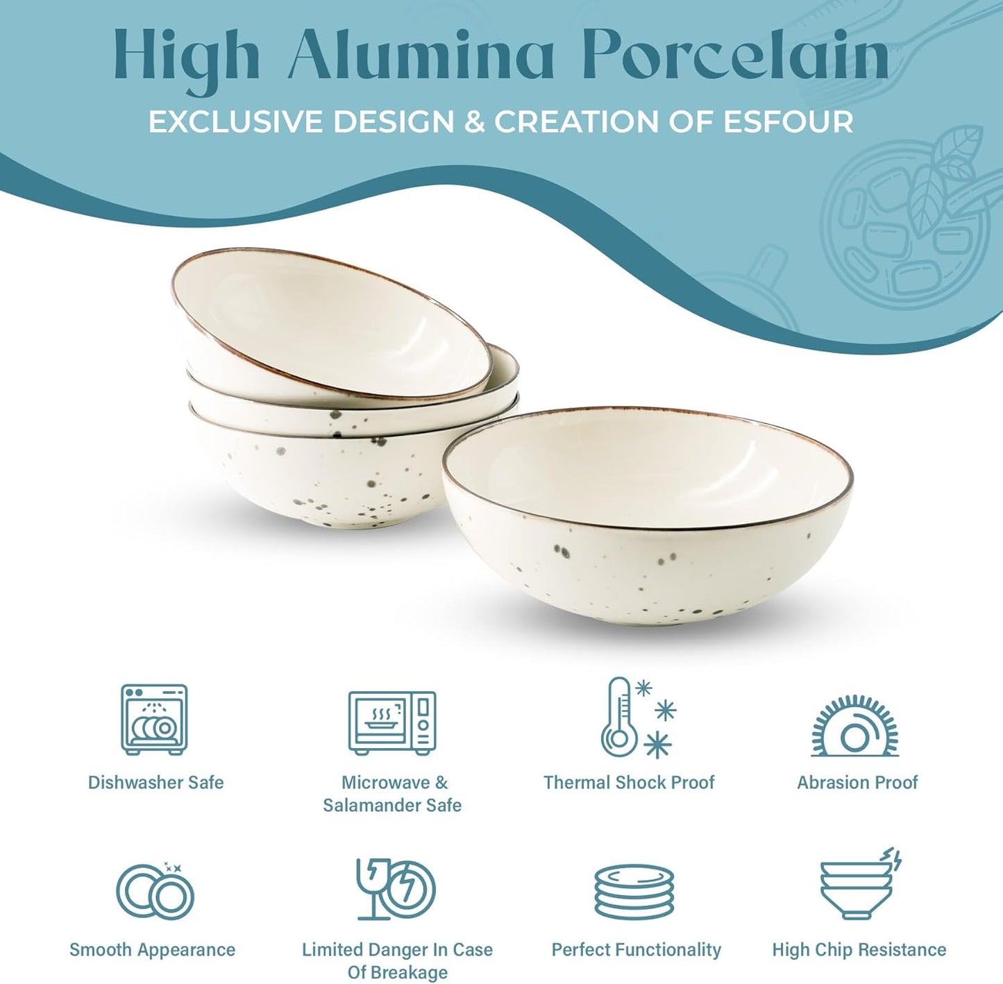 Round Porcelain Bowls (18 oz), Set of 4 – Classic Timeless Color - Esfour Ceramics