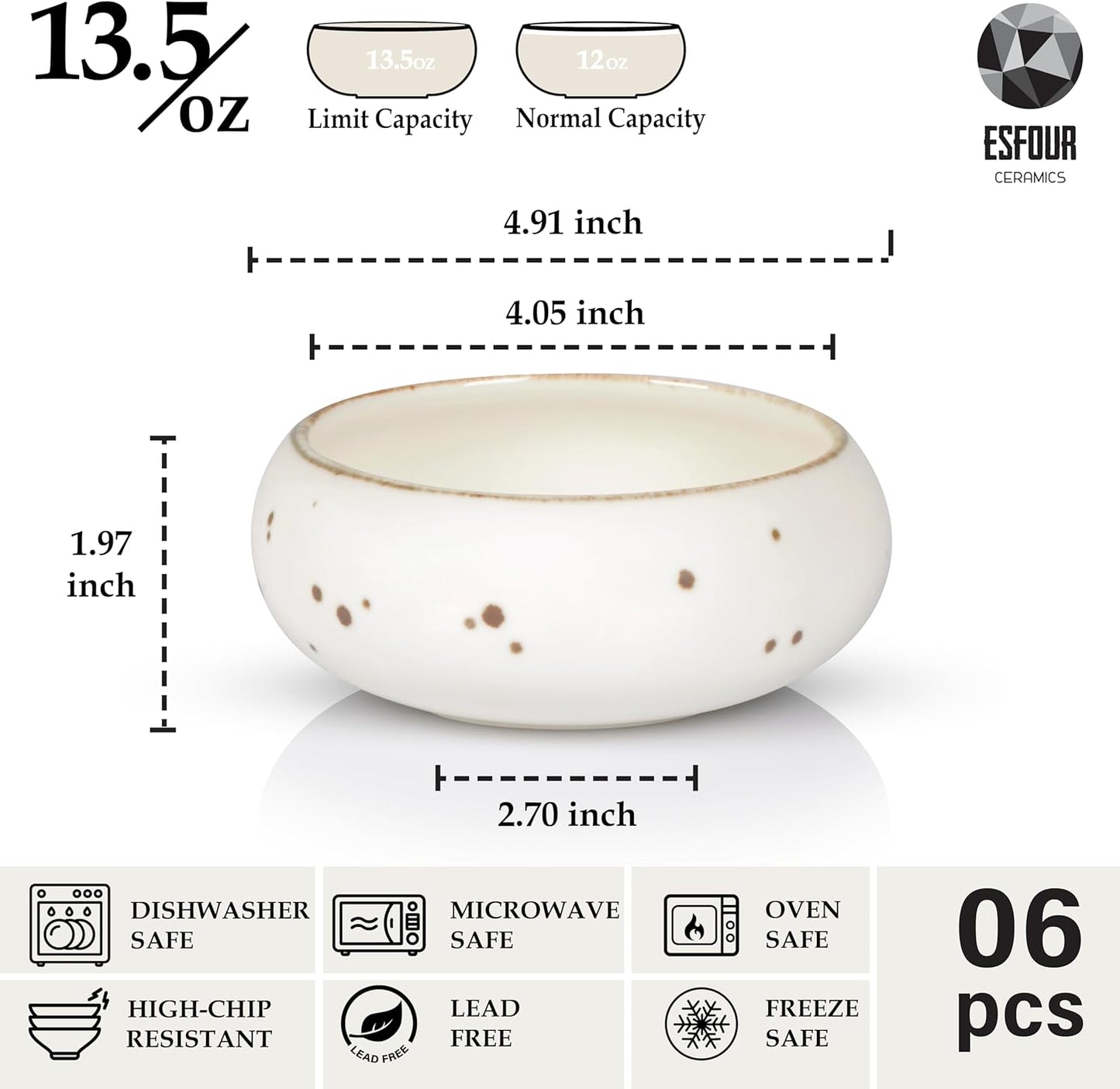 Small Hand‐Crafted Dessert Bowls (12 oz), Set of 6 – Classic Timeless Color - Esfour Ceramics