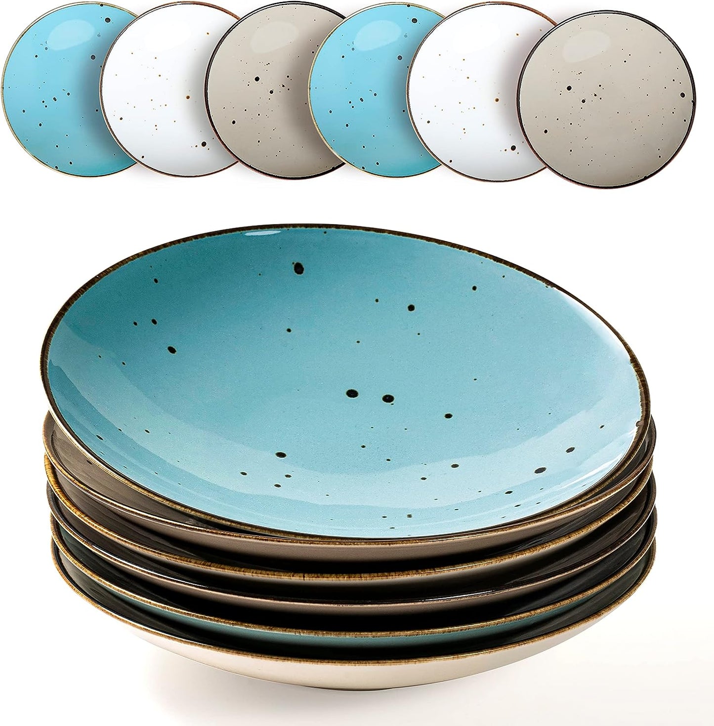 Ceramic pasta bowls in calming natural shades, each with a slightly deeper design