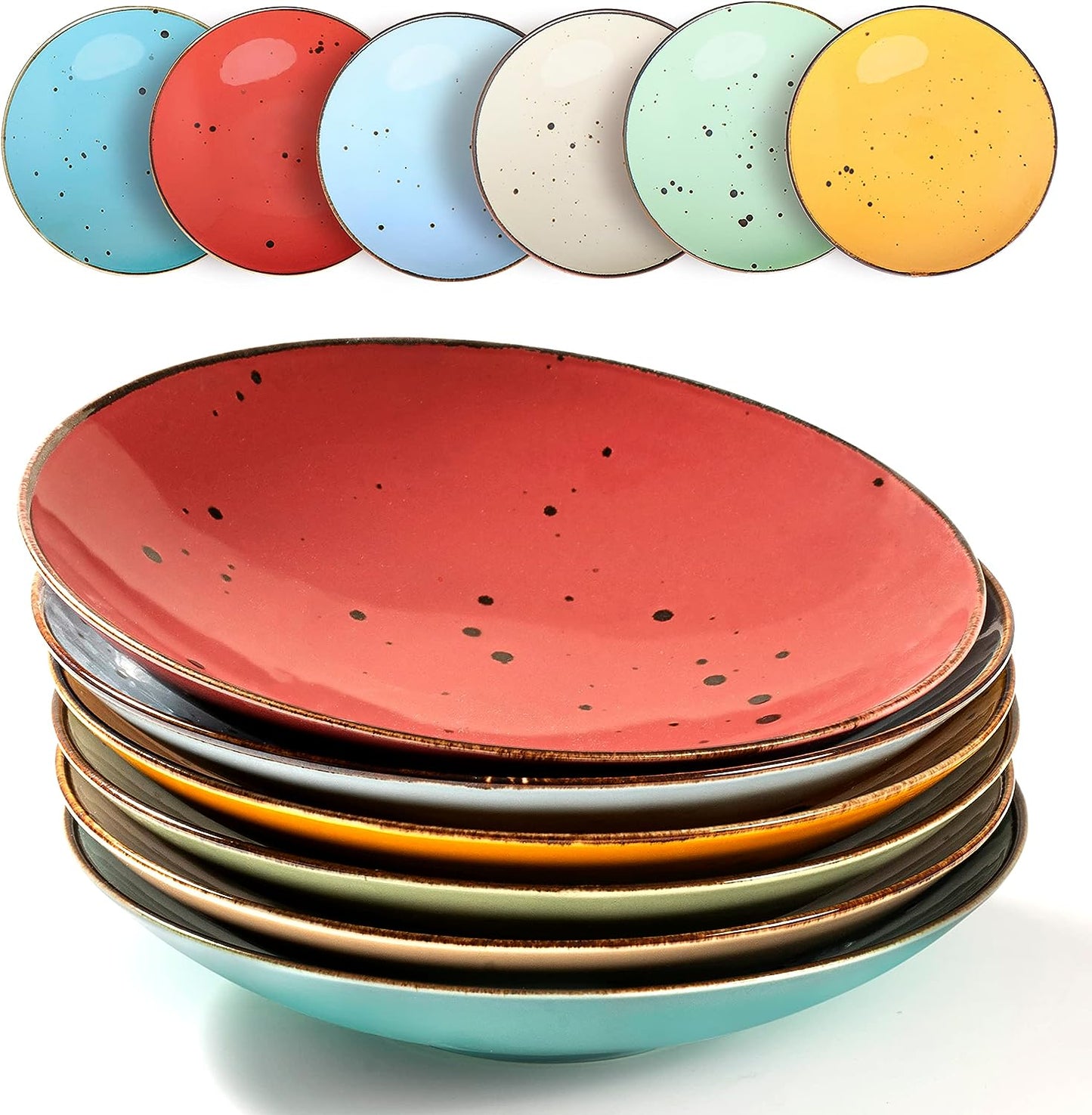 Assorted bright ceramic pasta bowls arranged in a colorful set