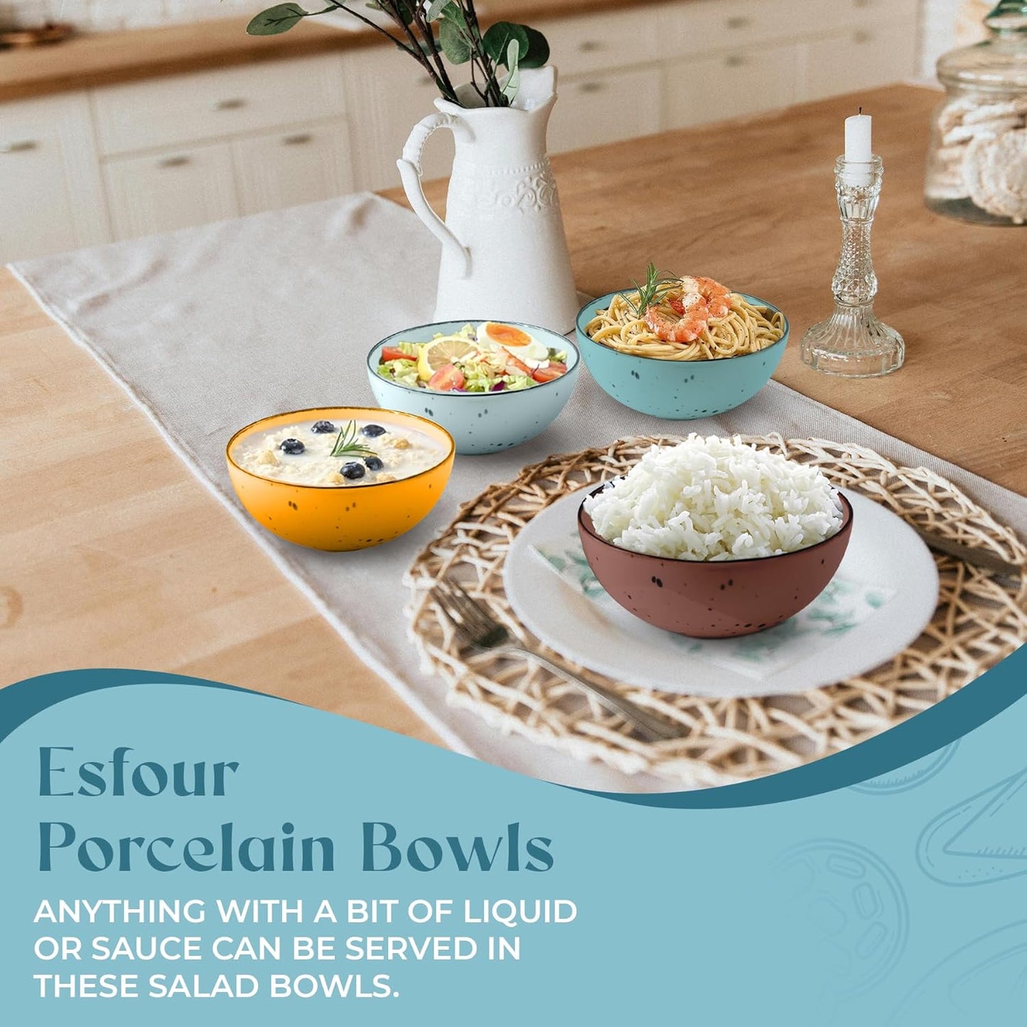 Round Porcelain Bowls (18 oz), Set of 4 – Vivid Assorted Colors - Esfour Ceramics