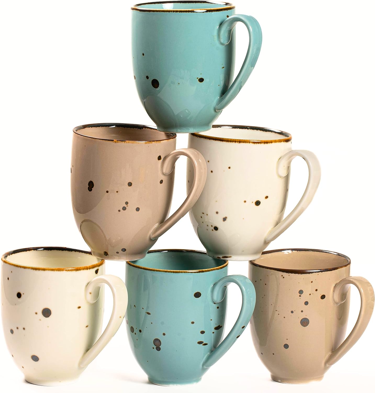 A variety of natural‐toned ceramic mugs in a 14 oz size