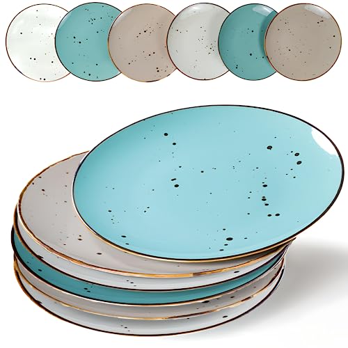 Six ceramic dinner plates, 11 inches in diameter, in various natural shades