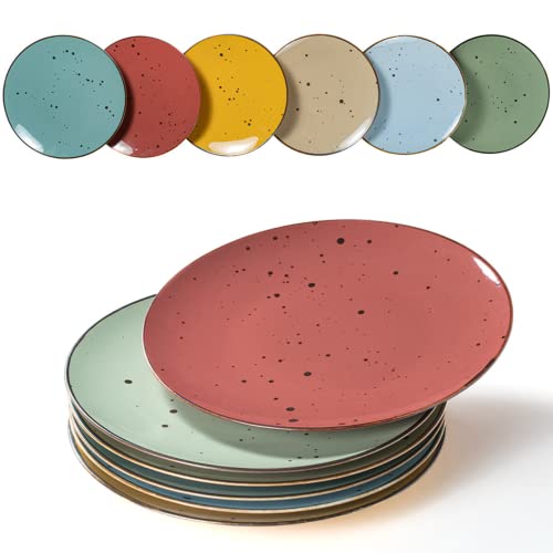 Six vividly hued ceramic dinner plates, each 11 inches wide