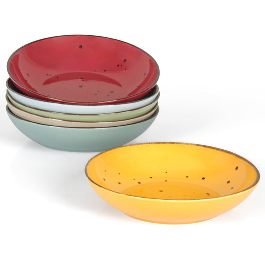 Esfour 8 Inch Porcelain Pasta Bowl, 16 Ounces Salad Bowls, Microwave & Dishwasher Safe, Sturdy & Stackable, Set of 6 Ceramic bowls Plates Set, Wide Shallow salad Bowls Set, Vivid Assorted Colors