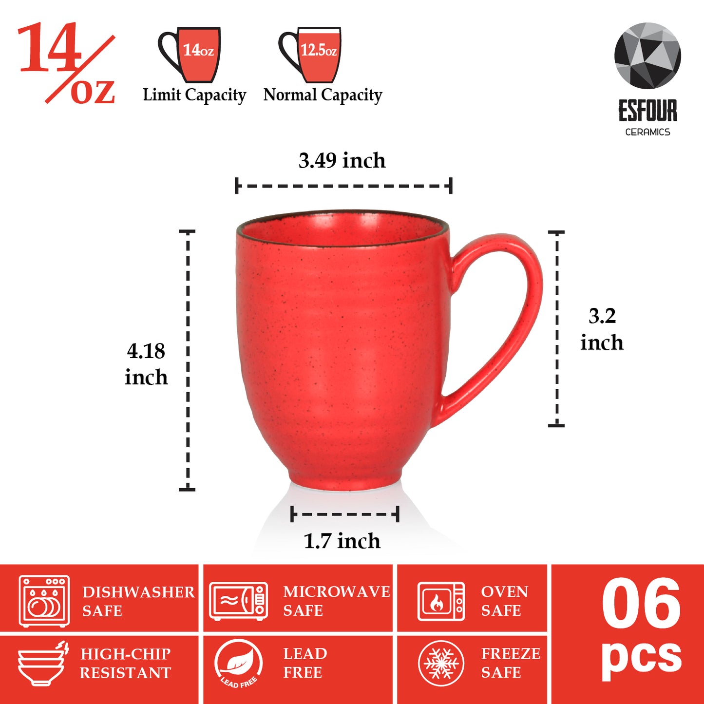 Esfour Ceramics Coffee Mugs Set Of 6, 14 Oz Large Handle Heavy Duty Cups - Microwave Dishwasher Safe - Latte, Cappuccino, Tea, Cocoa, Mocha - Men, Women, Home Office Daily Use, Matt Assorted Colors