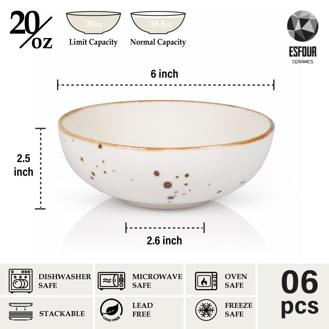 Esfour Round Porcelain Bowls - 18 Ounce - Set of 6 - Microwave, Oven, Dishwasher-Safe, Scratch Resistant, Porcelain Durable Small Dishes Bowls for Cereal, Salad, Pasta, Soup Dessert - Assorted Classic
