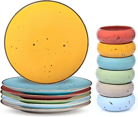 Esfour Ceramics Vivid Dinner Plates 11 inch Set of 6 + Vivid Small Hand Craft Dessert Bowls Set of 6