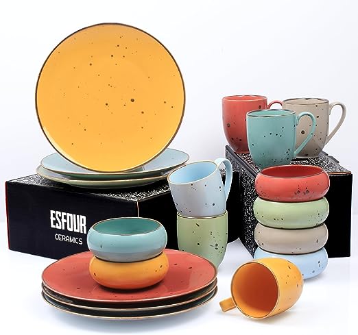 Esfour Ceramics sfour Ceramics Vivid Dinner Plates 11 inch Set of 6 Small Hand Craft Dessert Vivid Bowls - 12oz, Set of 6 Vivid Coffee Mugs Set Of 6, 14 Oz