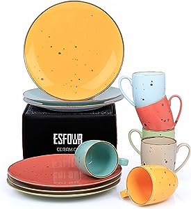 Esfour Ceramics Vivid Dinner Plates 11 inch Set of 6 + Vivid Coffee Mugs Set Of 6, 14 Oz Large Handle Heavy Duty Cups