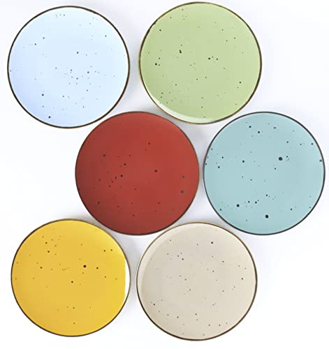 Six brightly colored dessert plates measuring 8.7 inches each